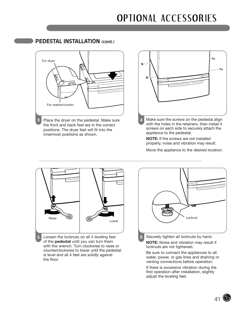 Pedestal installation | LG DLEX2901V User Manual | Page 41 / 136
