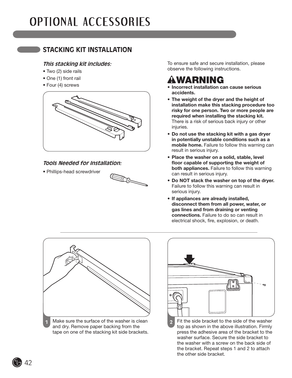 Wwarning, Stacking kit installation | LG DLEX2901V User Manual | Page 42 / 136
