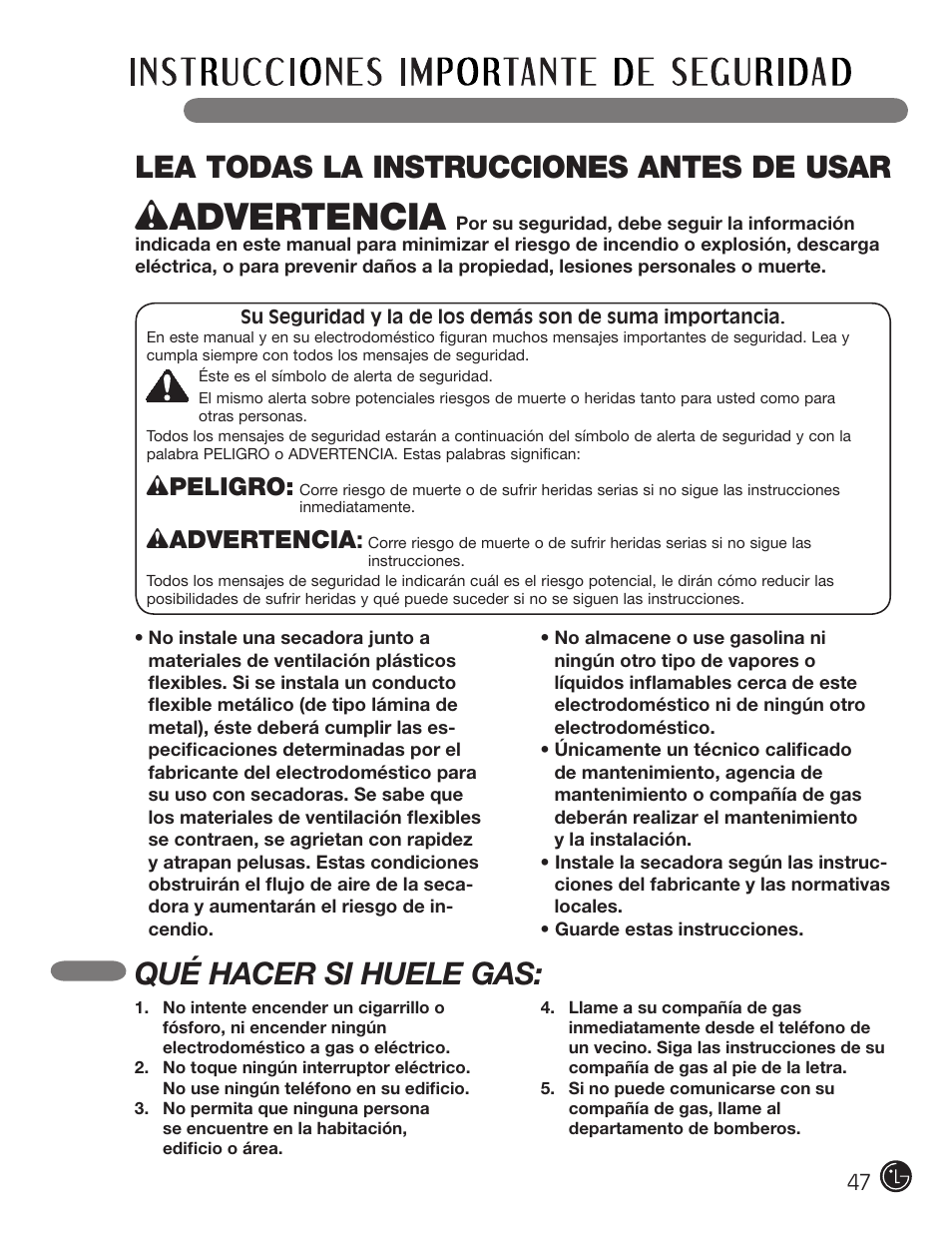 Lea todas la instrucciones antes de usar, Qué hacer si huele gas, Wpeligro | Wadvertencia | LG DLEX2901V User Manual | Page 47 / 136