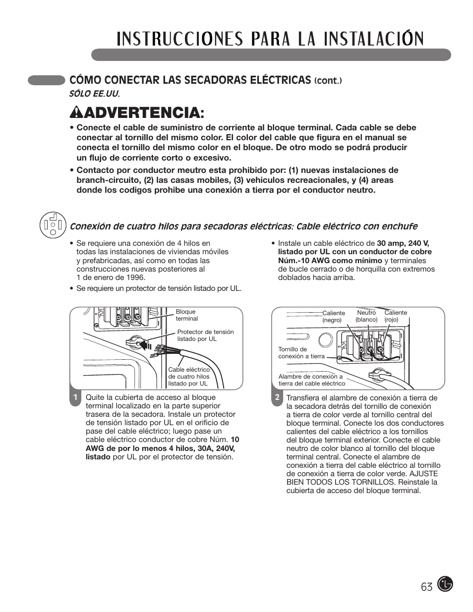 Wadvertencia, Cómo conectar las secadoras eléctricas | LG DLEX2901V User Manual | Page 63 / 136