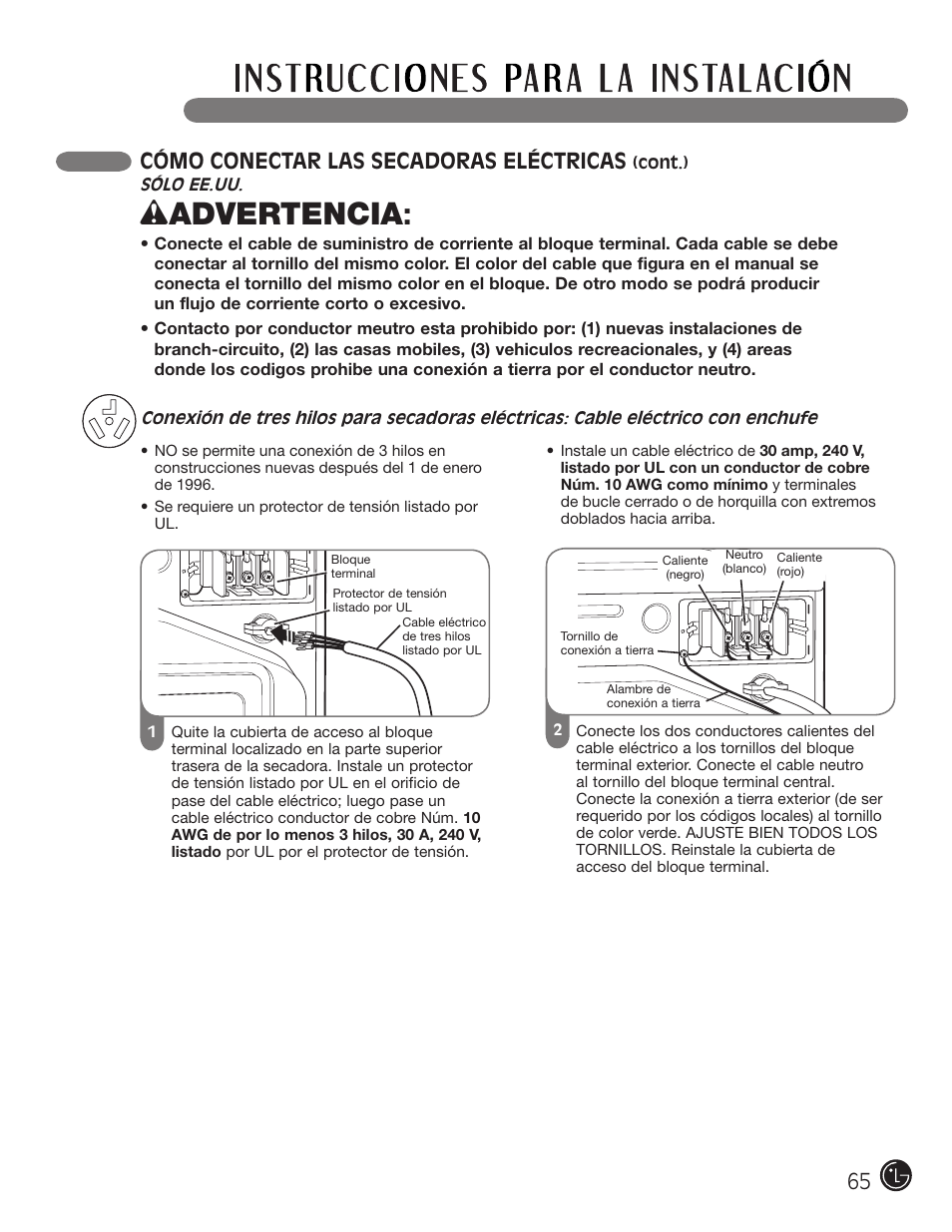 Wadvertencia, Cómo conectar las secadoras eléctricas | LG DLEX2901V User Manual | Page 65 / 136