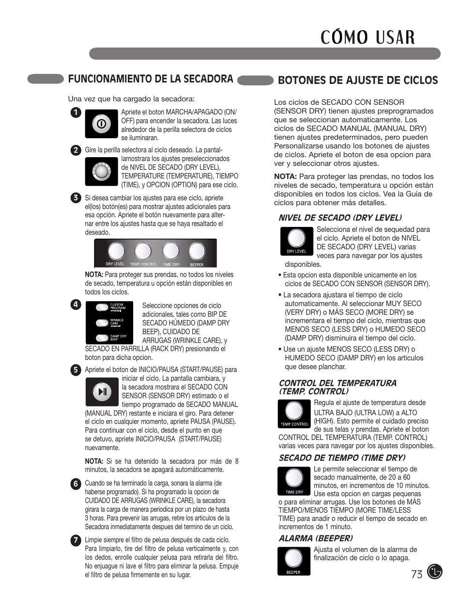 Botones de ajuste de ciclos, Funcionamiento de la secadora | LG DLEX2901V User Manual | Page 73 / 136