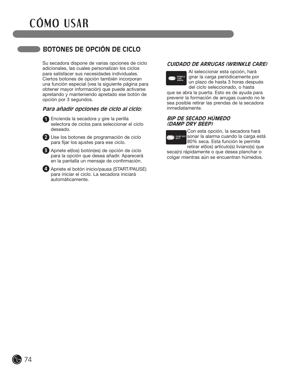 Botones de opción de ciclo | LG DLEX2901V User Manual | Page 74 / 136