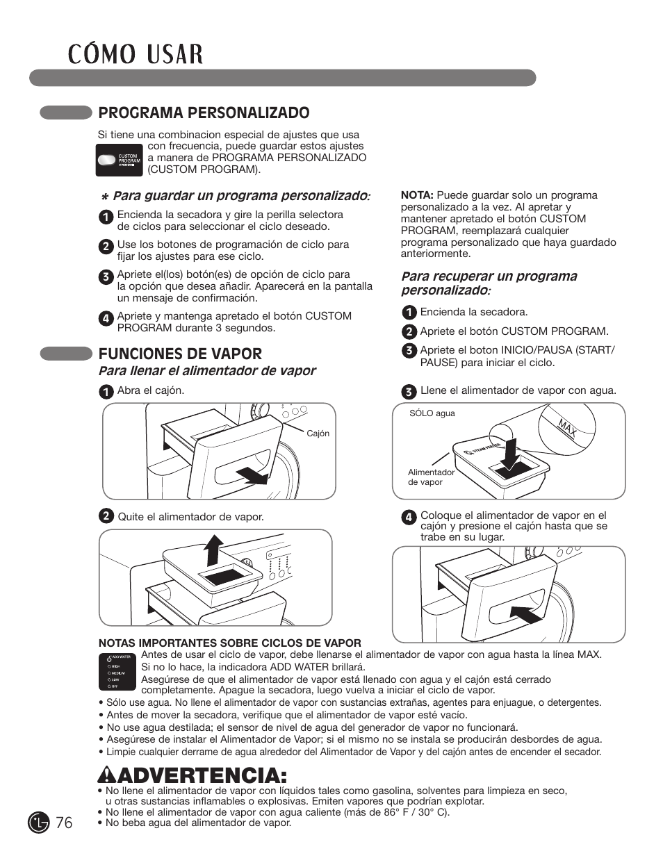 Wadvertencia, Programa personalizado, Funciones de vapor | LG DLEX2901V User Manual | Page 76 / 136