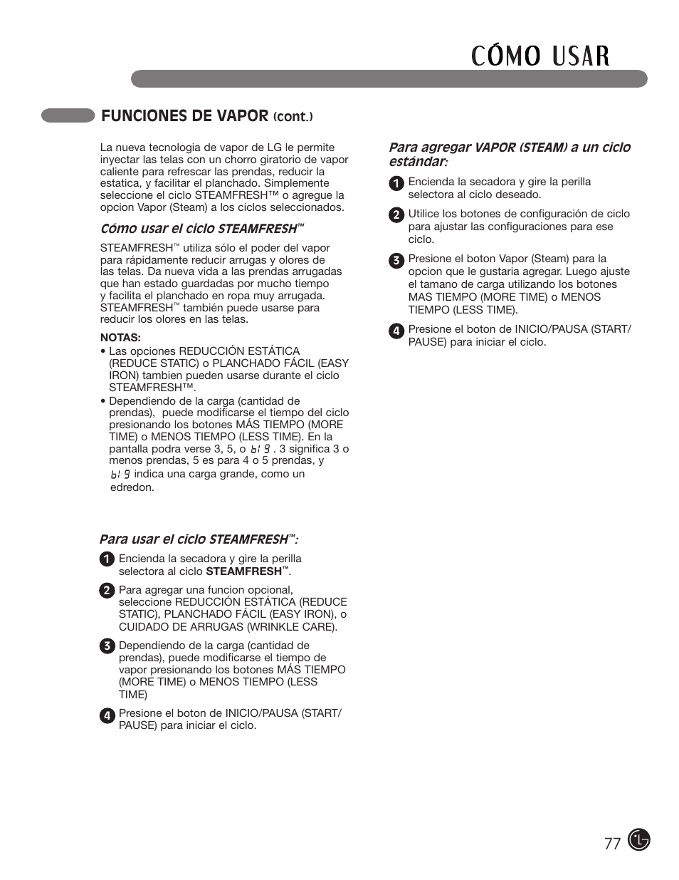Funciones de vapor | LG DLEX2901V User Manual | Page 77 / 136