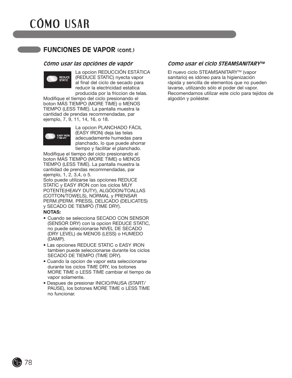 Funciones de vapor | LG DLEX2901V User Manual | Page 78 / 136
