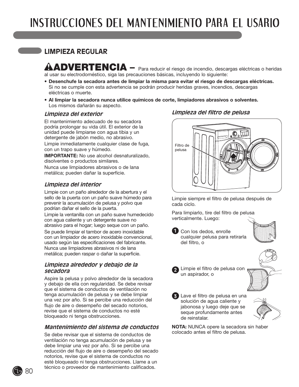 Wadvertencia, Limpieza regular | LG DLEX2901V User Manual | Page 80 / 136