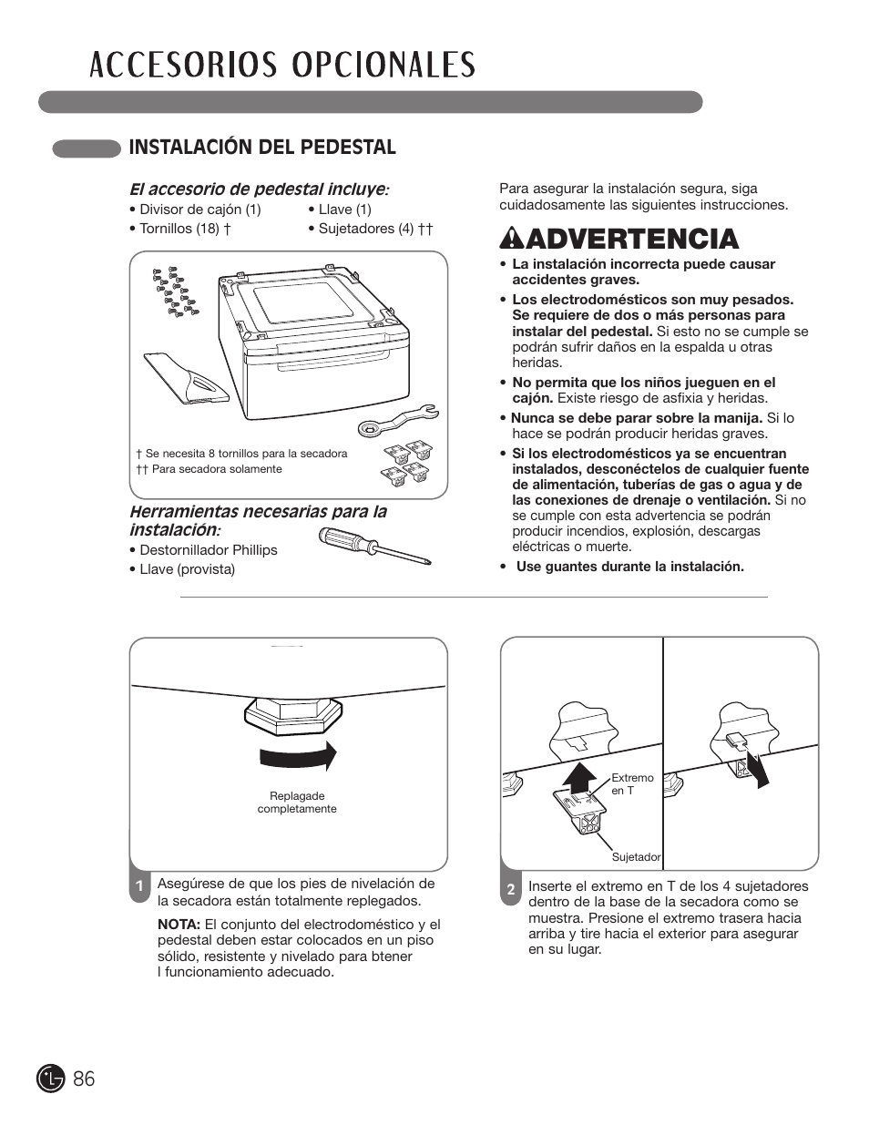 Wadvertencia, Instalación del pedestal | LG DLEX2901V User Manual | Page 86 / 136