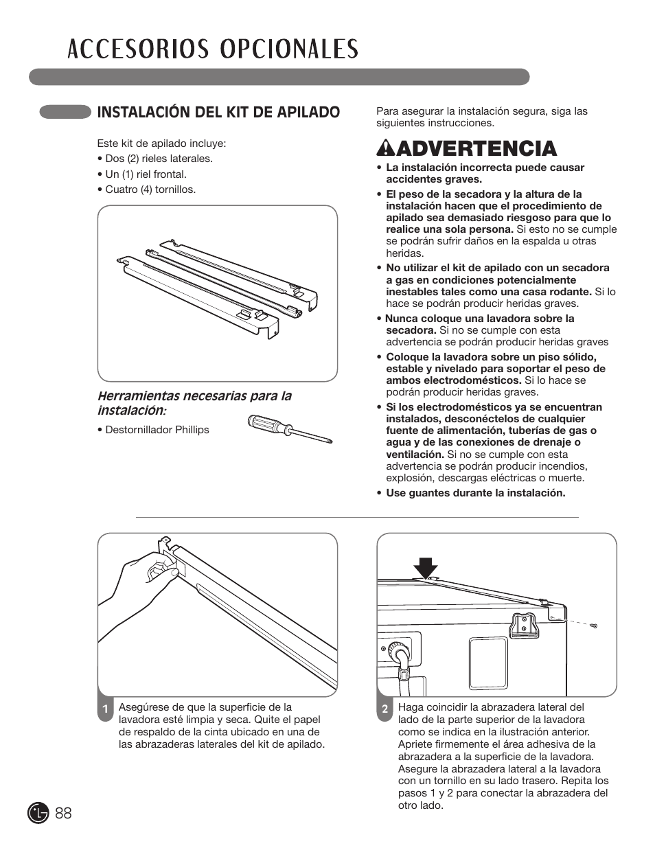 Wadvertencia, Instalación del kit de apilado | LG DLEX2901V User Manual | Page 88 / 136