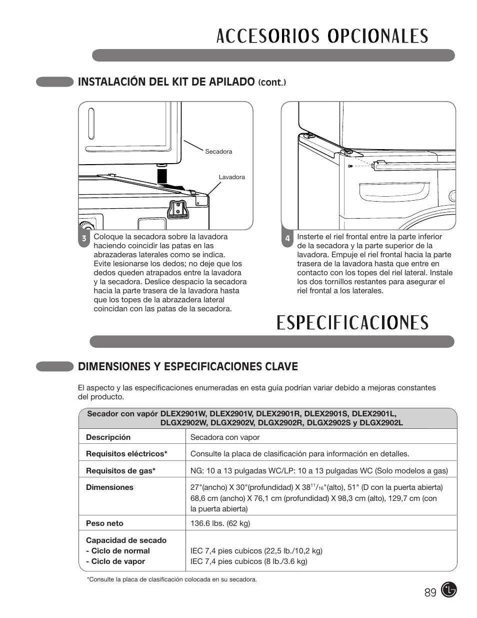 Instalación del kit de apilado, Dimensiones y especificaciones clave | LG DLEX2901V User Manual | Page 89 / 136