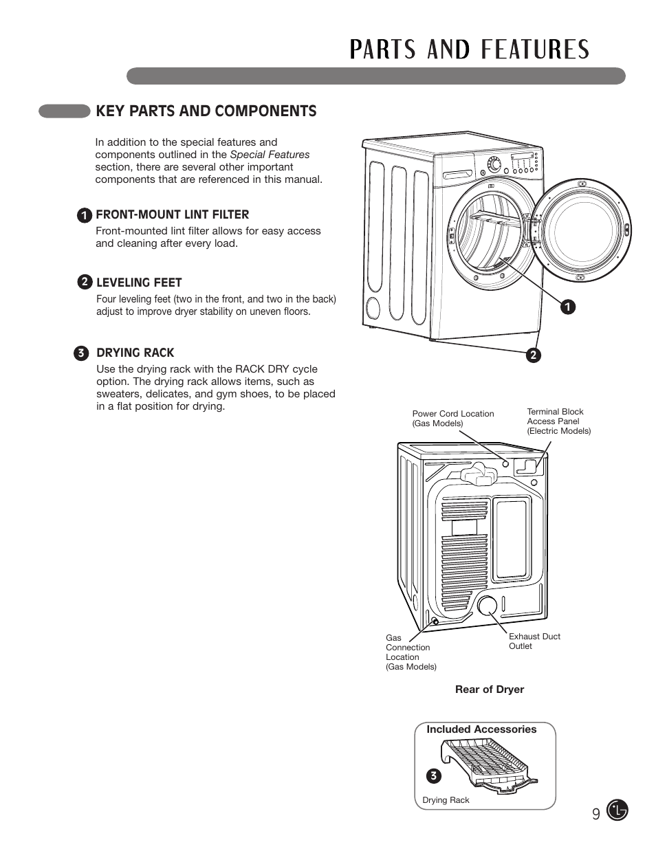 Key parts and components | LG DLEX2901V User Manual | Page 9 / 136