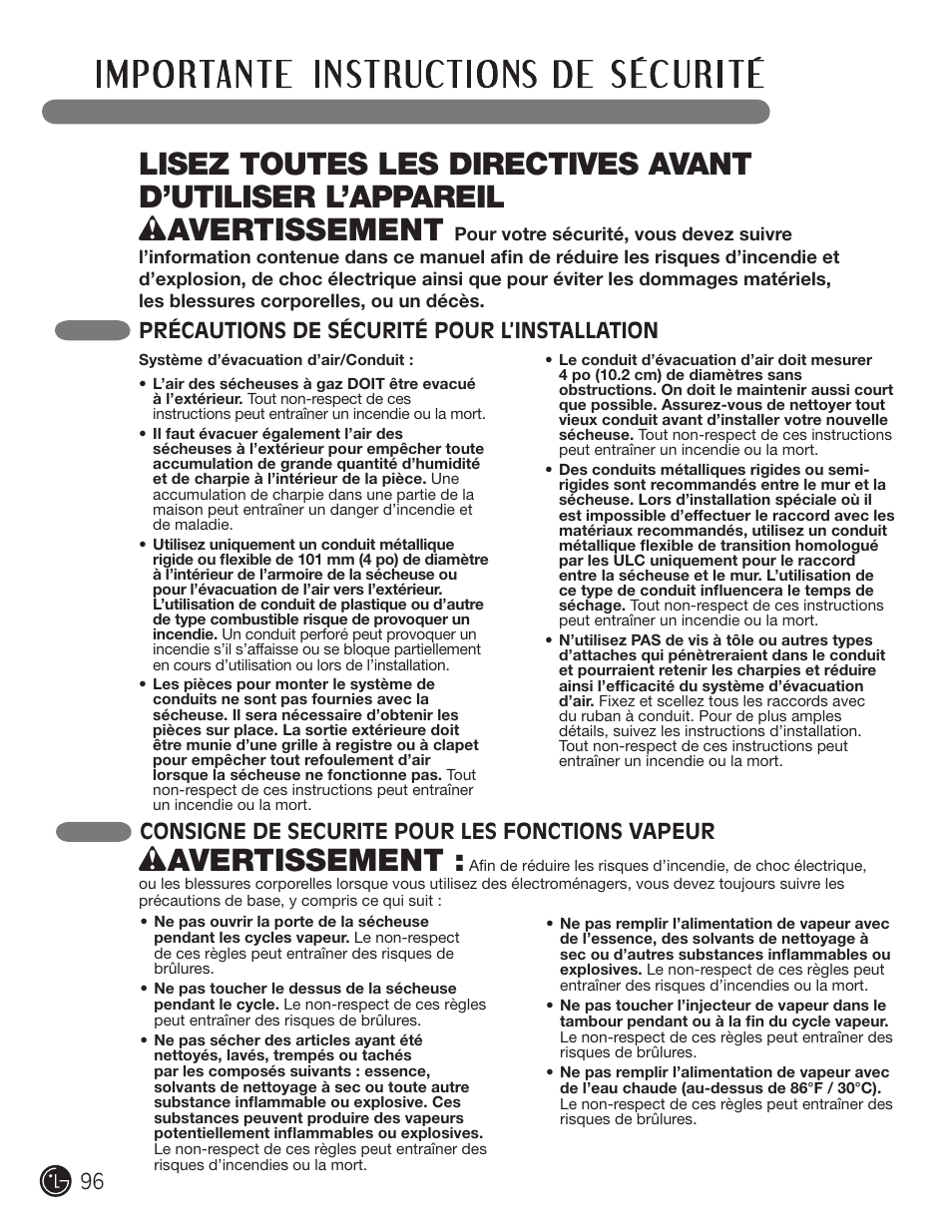Wavertissement, Précautions de sécurité pour l’installation, Consigne de securite pour les fonctions vapeur | LG DLEX2901V User Manual | Page 96 / 136