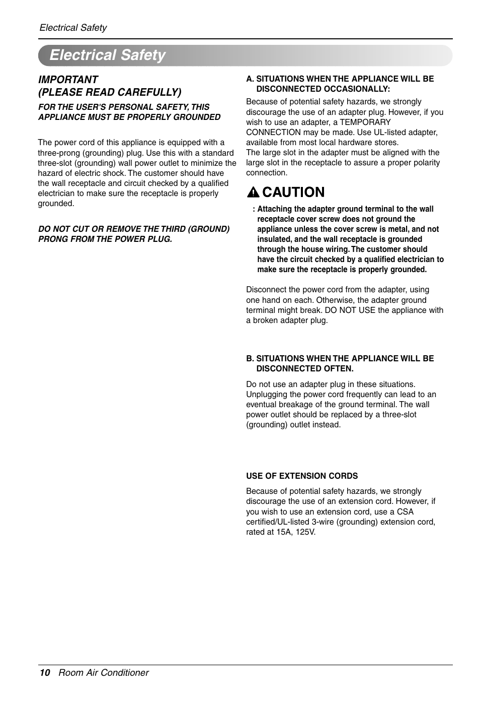 Electrical safety | LG LT081CER User Manual | Page 10 / 48