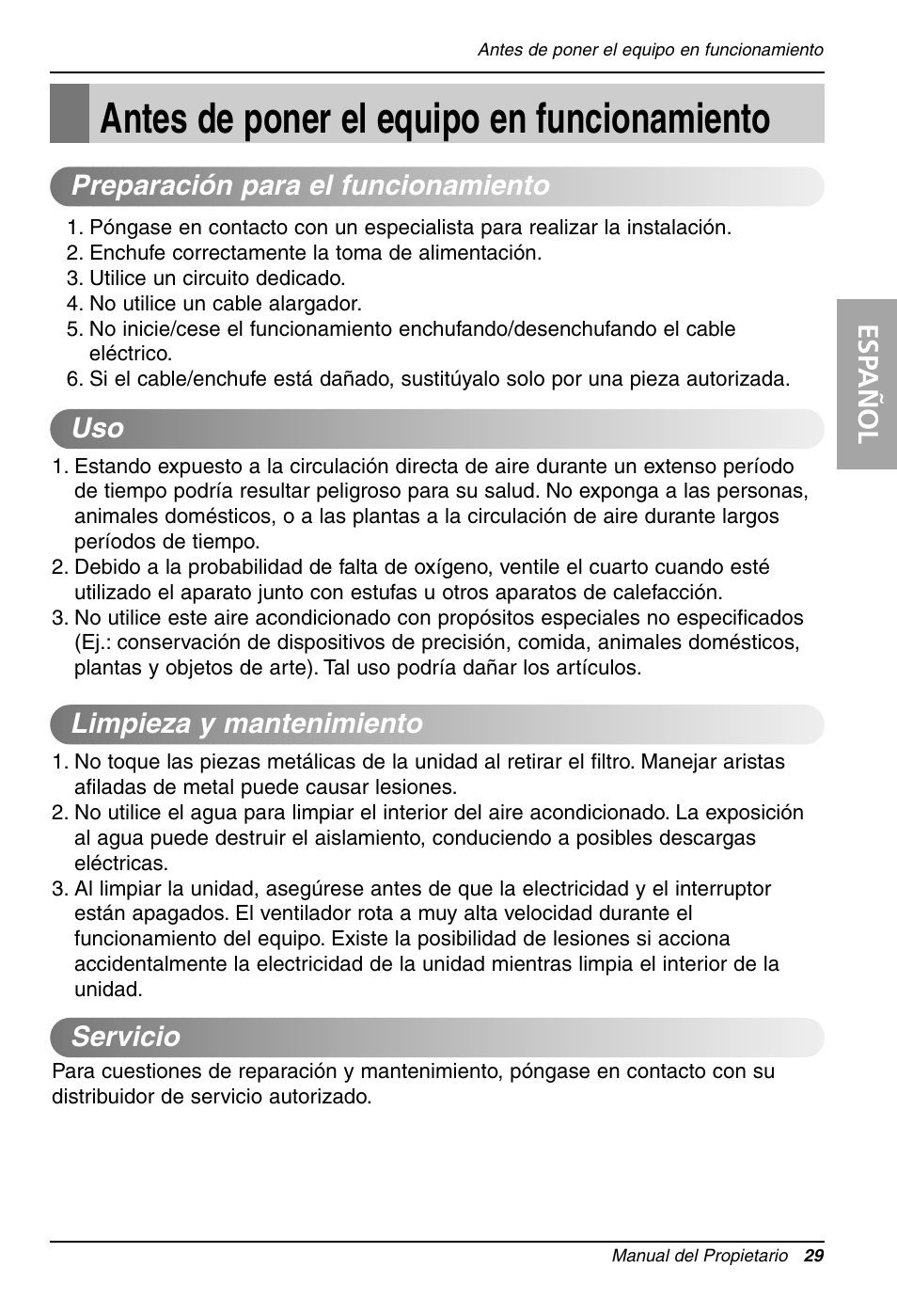 Antes de poner el equipo en funcionamiento, Esp añol | LG LT081CER User Manual | Page 29 / 48