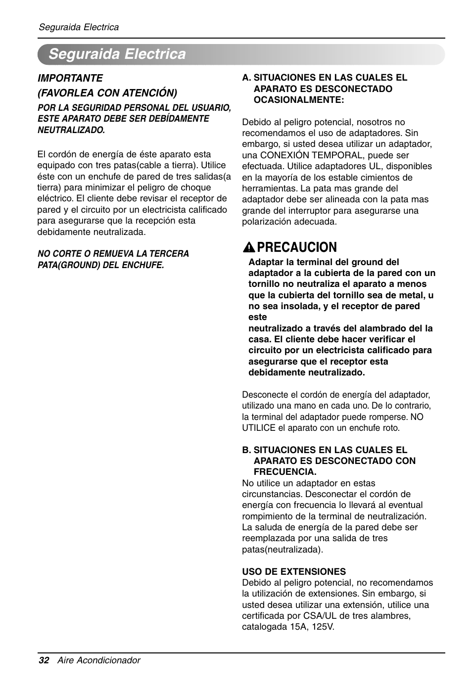 Seguraida electrica | LG LT081CER User Manual | Page 32 / 48