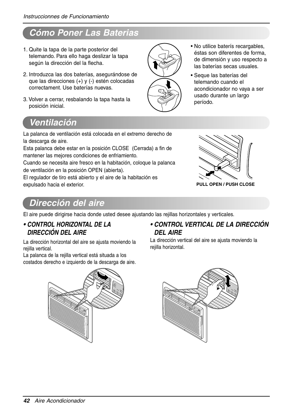 Cómo poner las baterias, Ventilación dirección del aire | LG LT081CER User Manual | Page 42 / 48