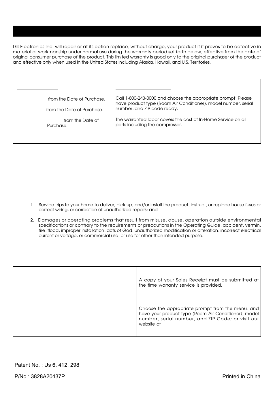 Lg room air conditioner limited warranty - usa | LG LT081CER User Manual | Page 48 / 48