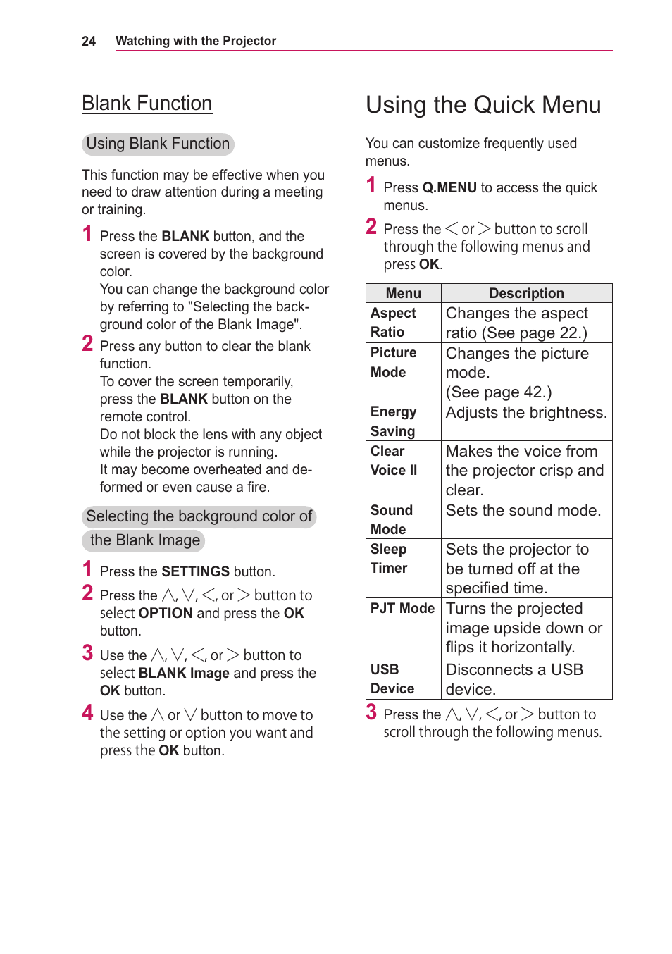 Blank function, Using the quick menu | LG LOBG650 User Manual | Page 24 / 69