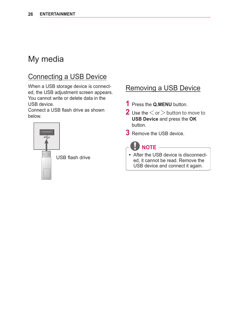 My media, Connecting a usb device, Removing a usb device | LG LOBG650 User Manual | Page 26 / 69