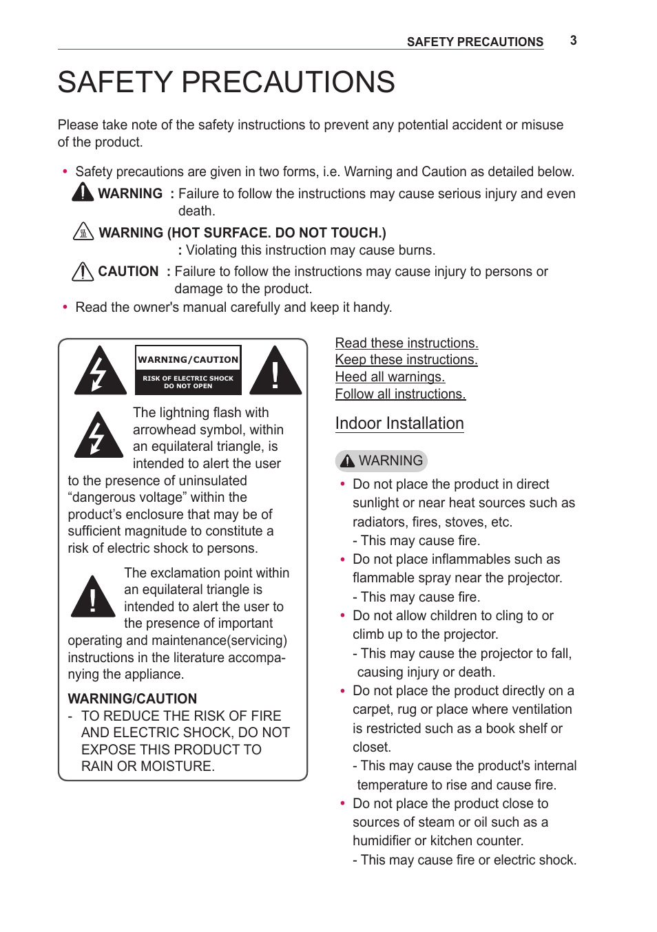 Safety precautions, Indoor installation | LG LOBG650 User Manual | Page 3 / 69