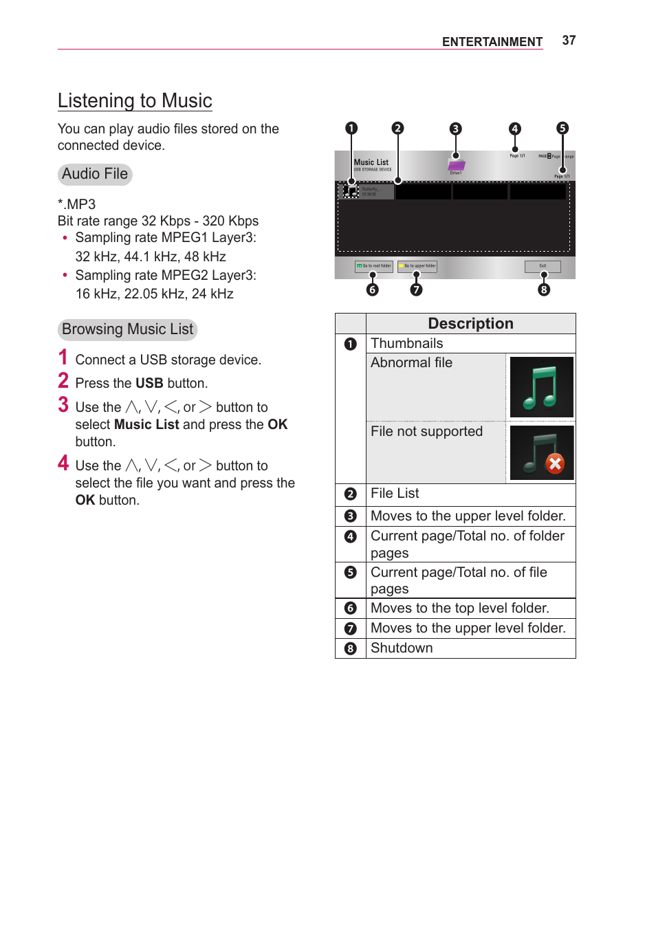 Listening to music, Audio file, Browsing music list | Description | LG LOBG650 User Manual | Page 37 / 69