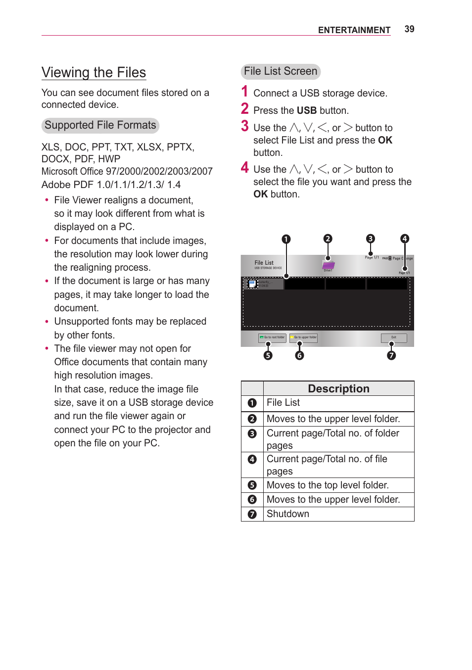 Viewing the files, File list screen, Description | Supported file formats | LG LOBG650 User Manual | Page 39 / 69
