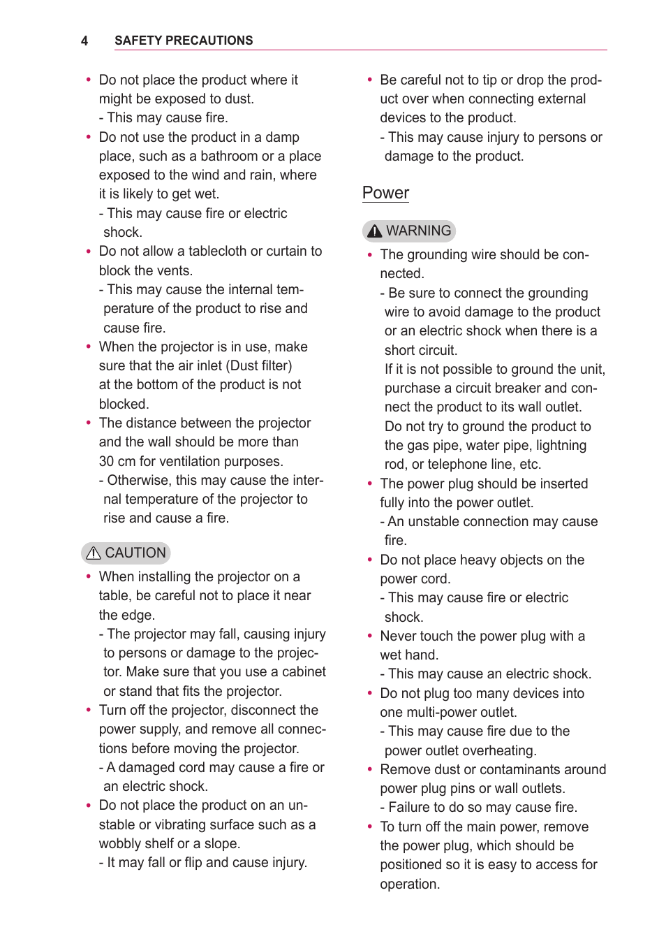 Power | LG LOBG650 User Manual | Page 4 / 69