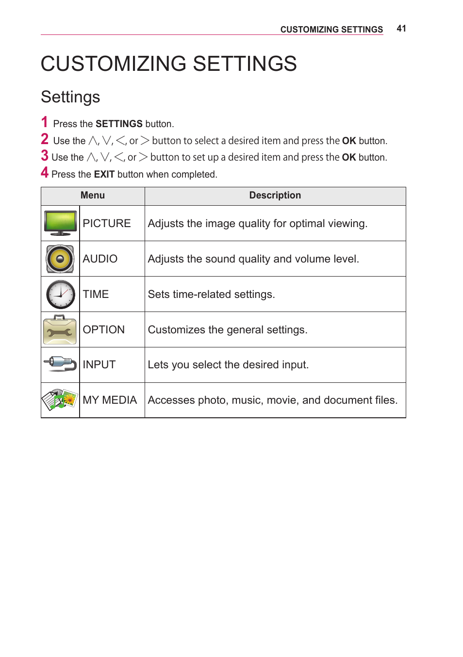 Customizing settings, Settings, Customizing settings 41 | LG LOBG650 User Manual | Page 41 / 69
