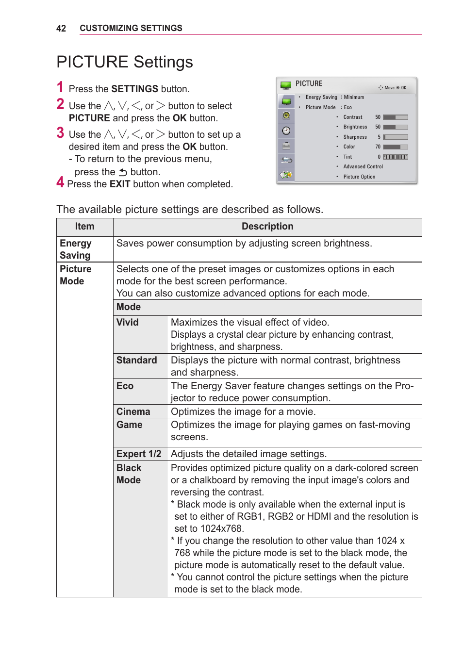 Picture settings, Refer to picture settings on | LG LOBG650 User Manual | Page 42 / 69