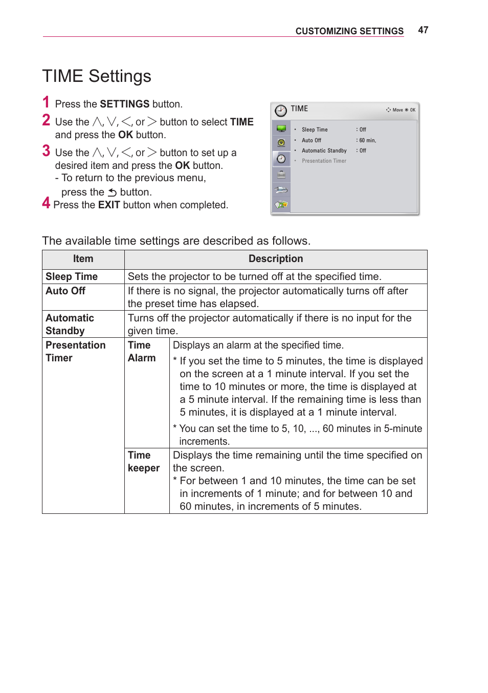 Time settings | LG LOBG650 User Manual | Page 47 / 69