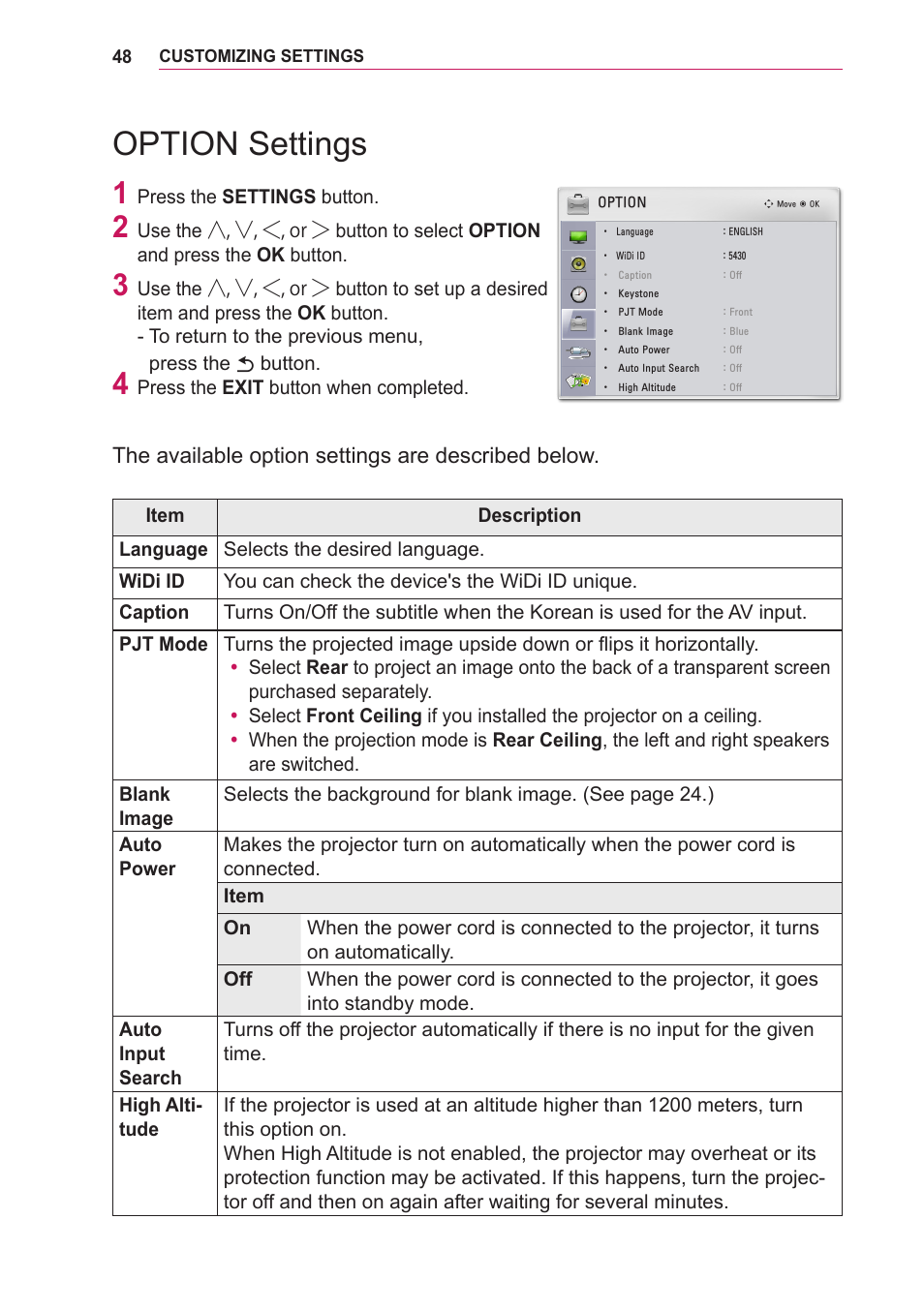 Option settings | LG LOBG650 User Manual | Page 48 / 69