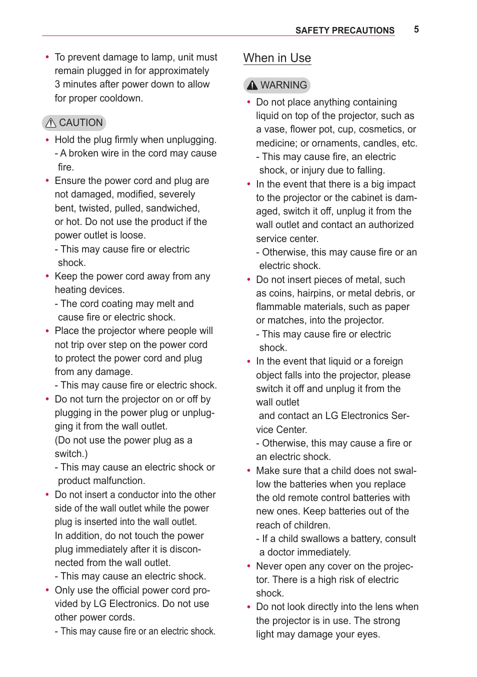 When in use | LG LOBG650 User Manual | Page 5 / 69