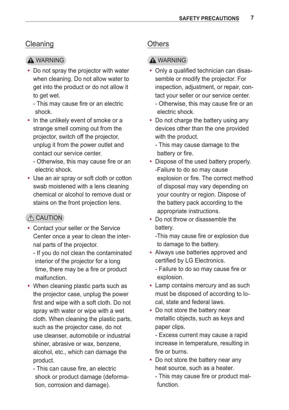 Cleaning, Others | LG LOBG650 User Manual | Page 7 / 69