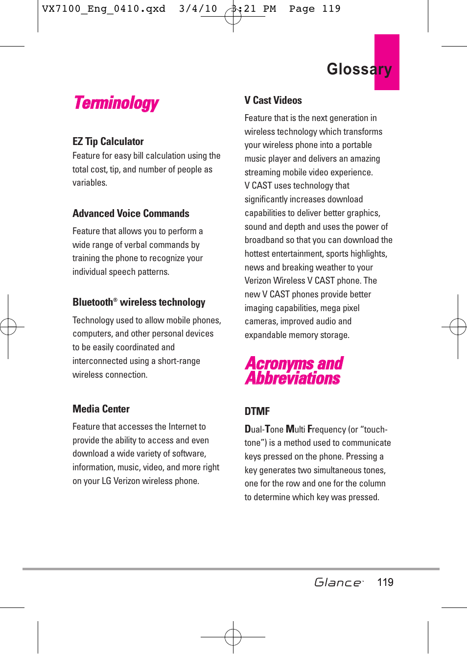Tte errm miin no ollo og gyy, Glossary | LG LGVX7100 User Manual | Page 121 / 260