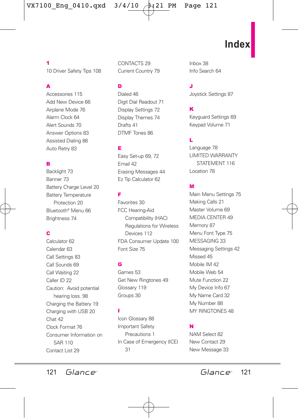 Index | LG LGVX7100 User Manual | Page 123 / 260