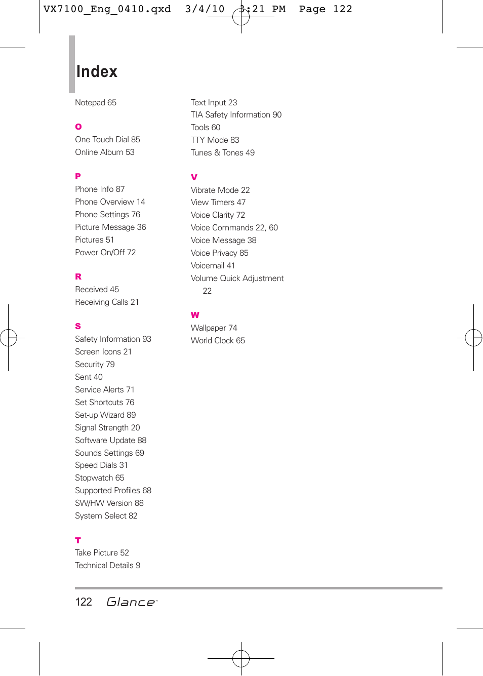 Index | LG LGVX7100 User Manual | Page 124 / 260