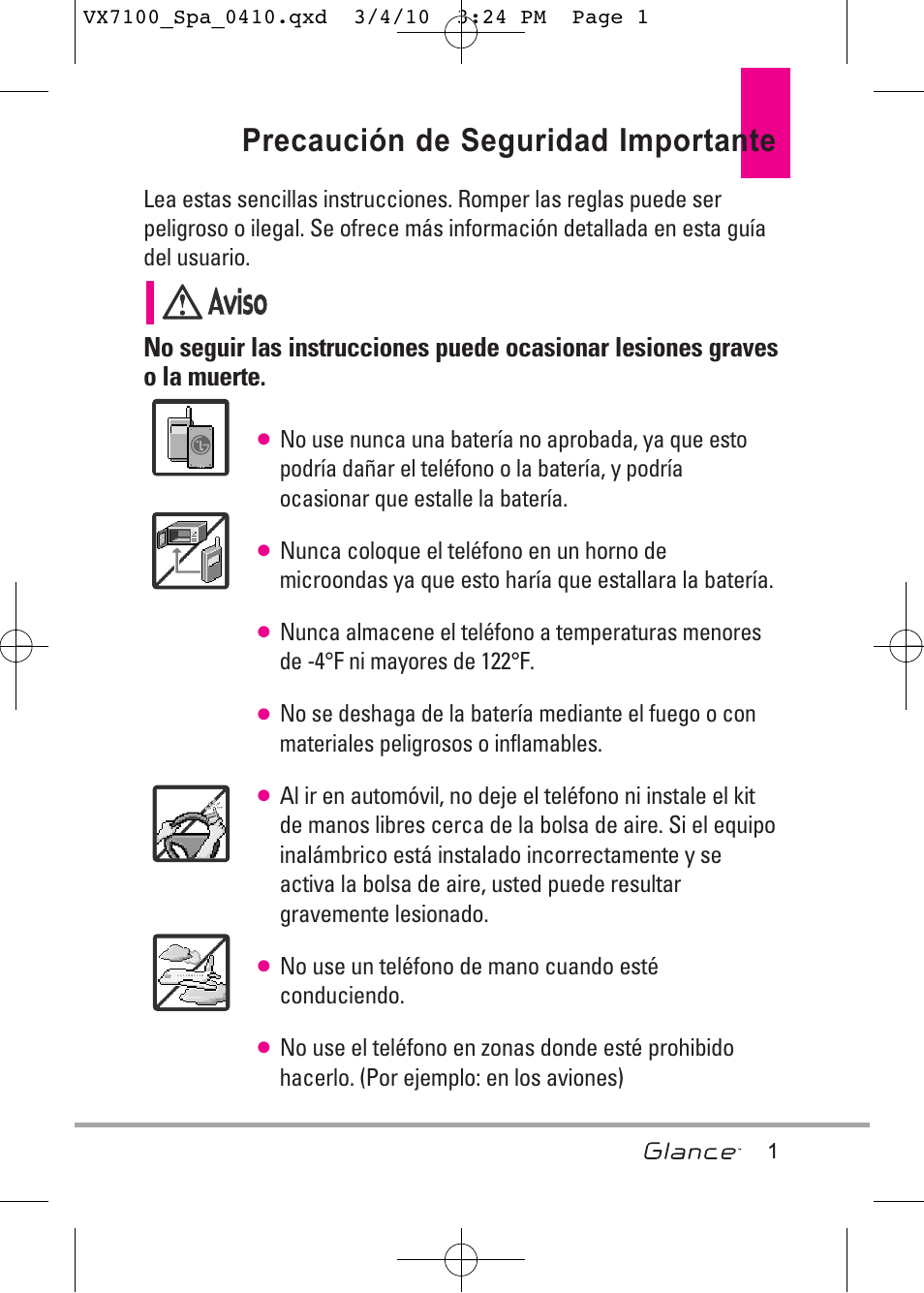 Precaución de seguridad importante | LG LGVX7100 User Manual | Page 128 / 260