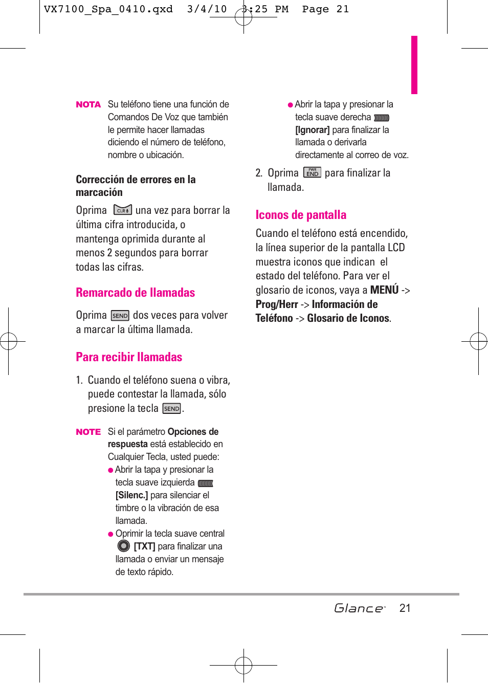 Remarcado de llamadas, Para recibir llamadas, Iconos de pantalla | LG LGVX7100 User Manual | Page 148 / 260