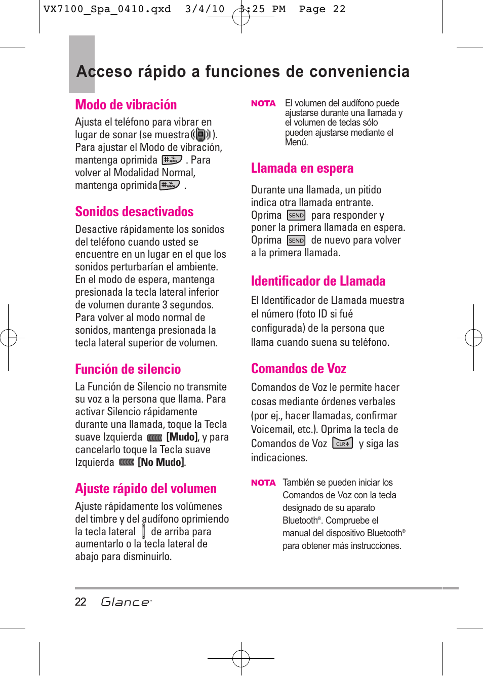 Acceso rápido a funciones de conveniencia, Modo de vibración, Sonidos desactivados | Función de silencio, Ajuste rápido del volumen, Llamada en espera, Identificador de llamada, Comandos de voz | LG LGVX7100 User Manual | Page 149 / 260