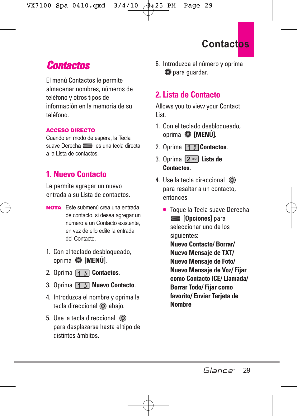 Cco on ntta ac ctto oss, Contactos | LG LGVX7100 User Manual | Page 156 / 260