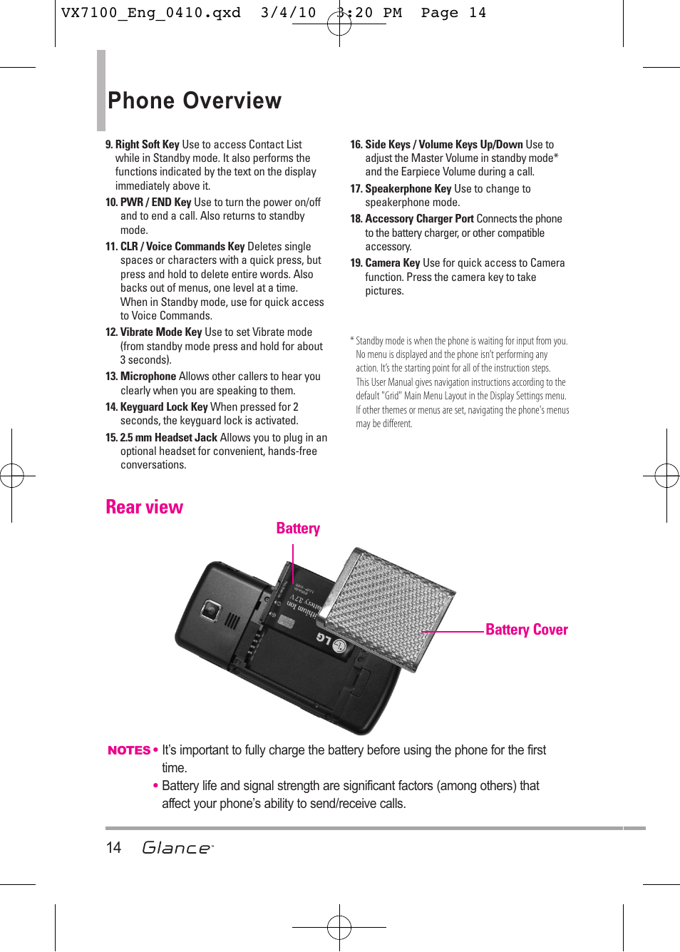 Phone overview, Rear view, 14 battery battery cover | LG LGVX7100 User Manual | Page 16 / 260