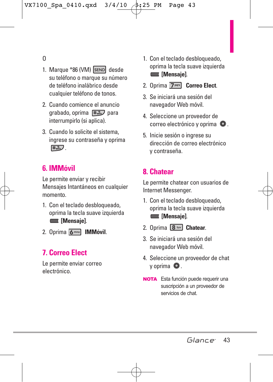 Immóvil, Correo elect, Chatear | LG LGVX7100 User Manual | Page 170 / 260