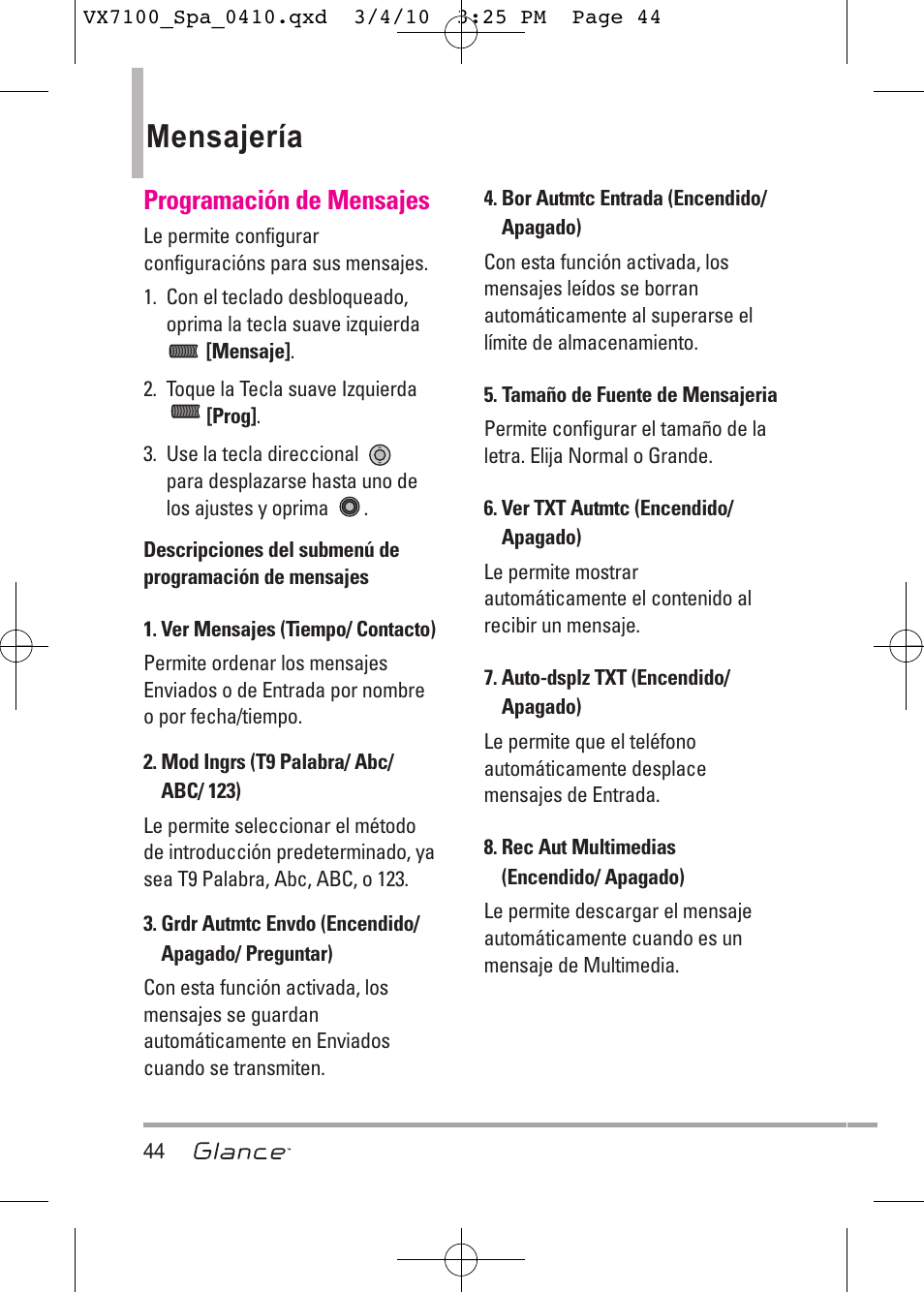 Mensajería, Programación de mensajes | LG LGVX7100 User Manual | Page 171 / 260