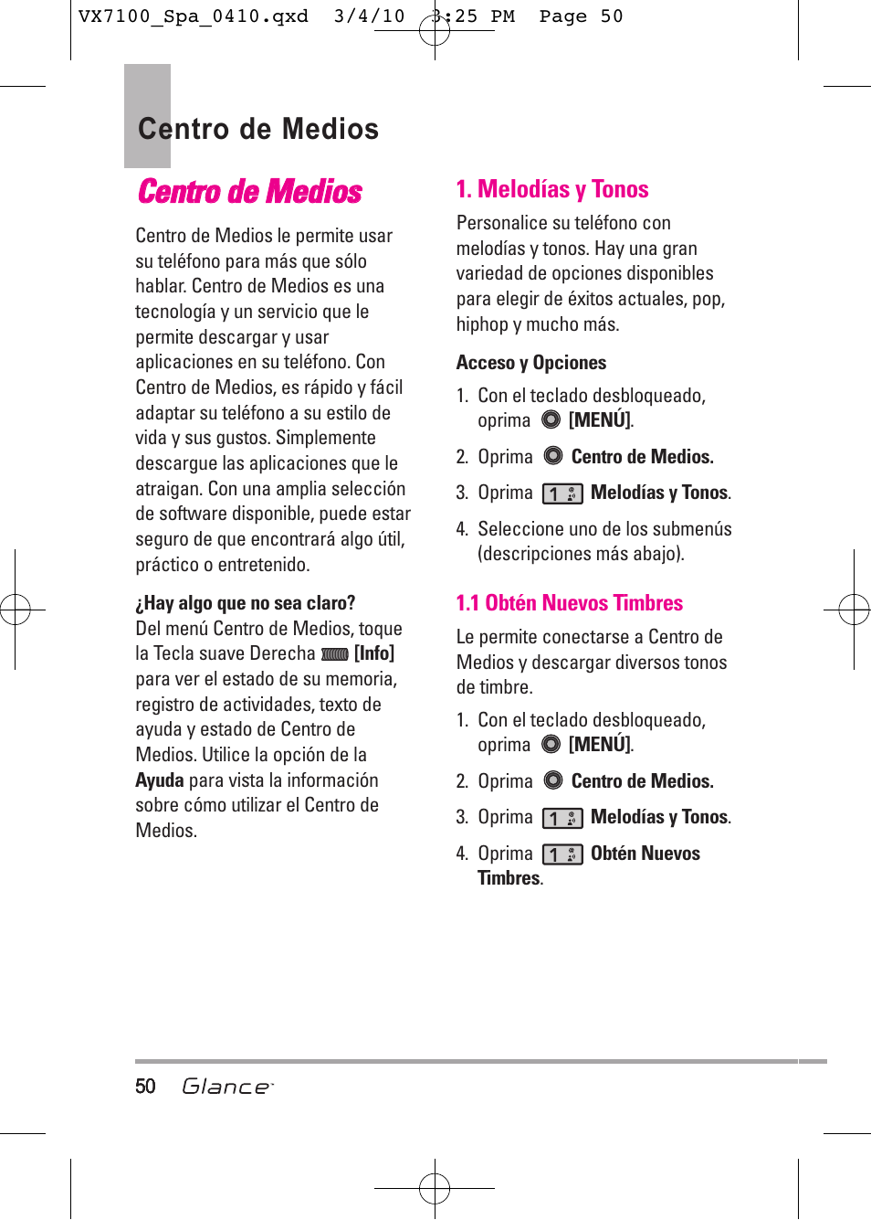 Cce en nttrro o d de e m me ed diio oss, Centro de medios | LG LGVX7100 User Manual | Page 177 / 260