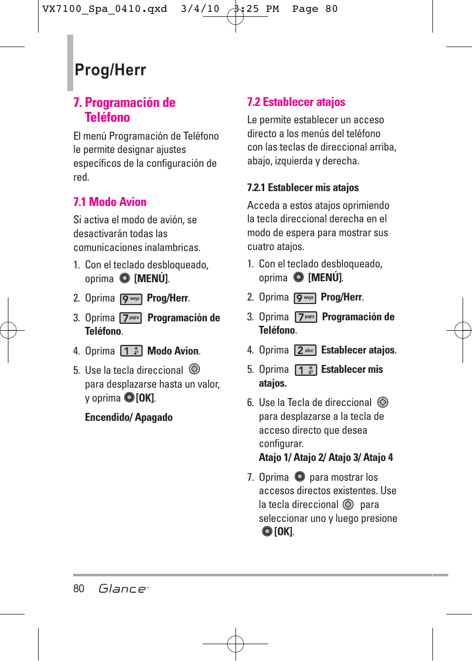 Prog/herr, Programación de teléfono | LG LGVX7100 User Manual | Page 207 / 260