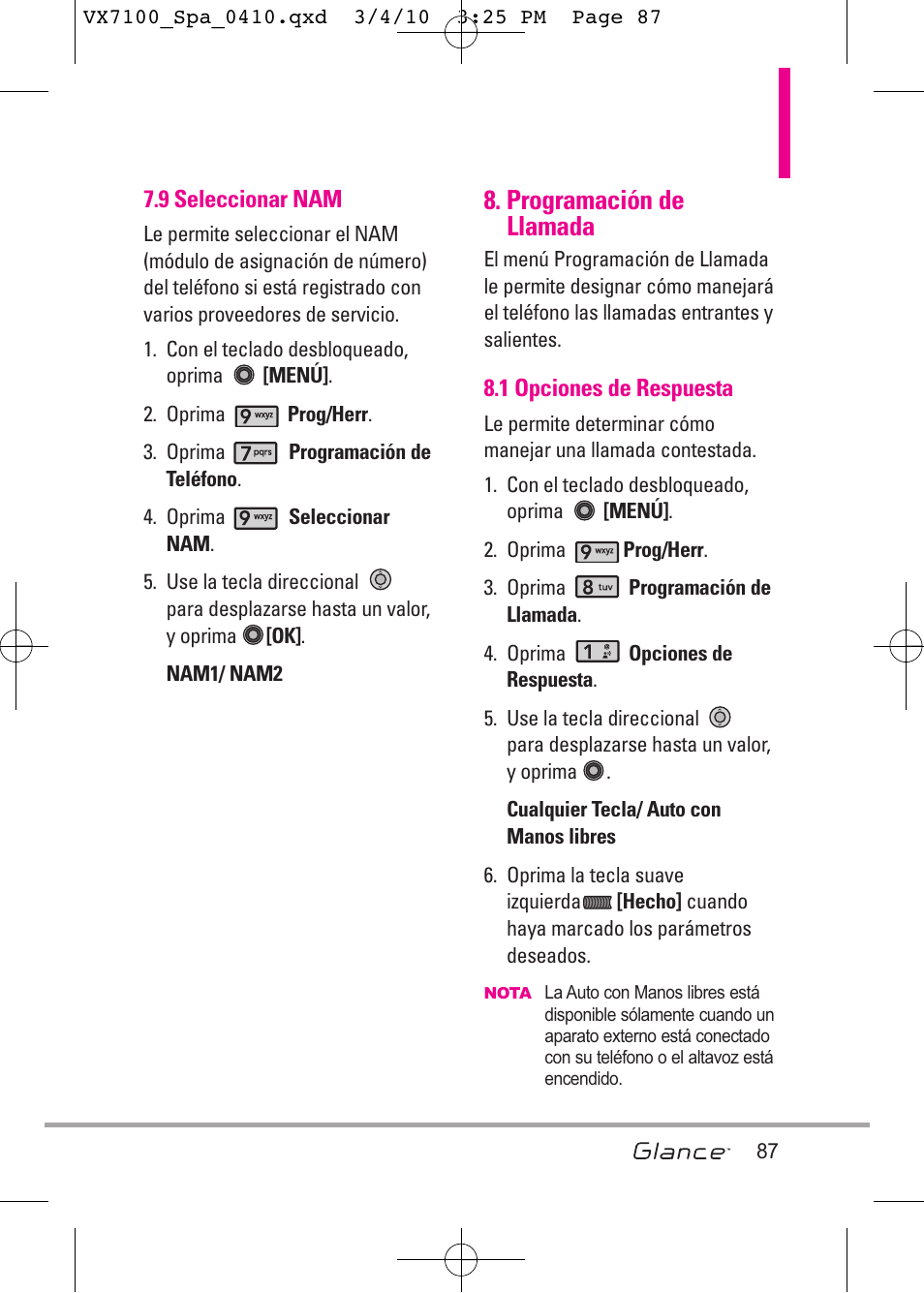 Programación de llamada | LG LGVX7100 User Manual | Page 214 / 260