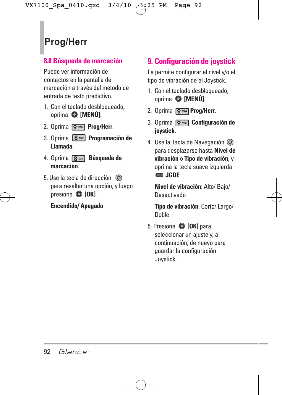 Prog/herr, Configuración de joystick | LG LGVX7100 User Manual | Page 219 / 260