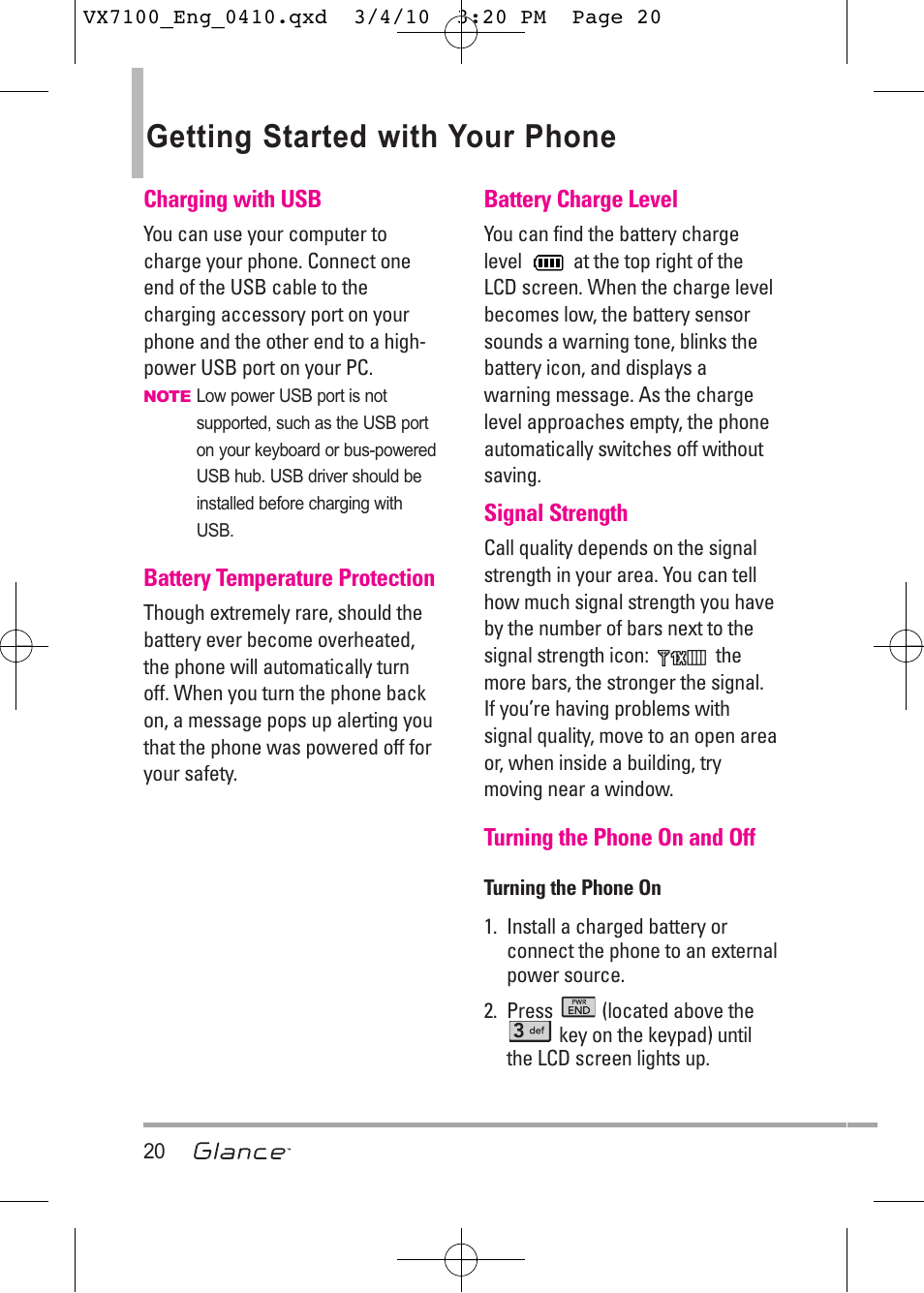 Getting started with your phone | LG LGVX7100 User Manual | Page 22 / 260