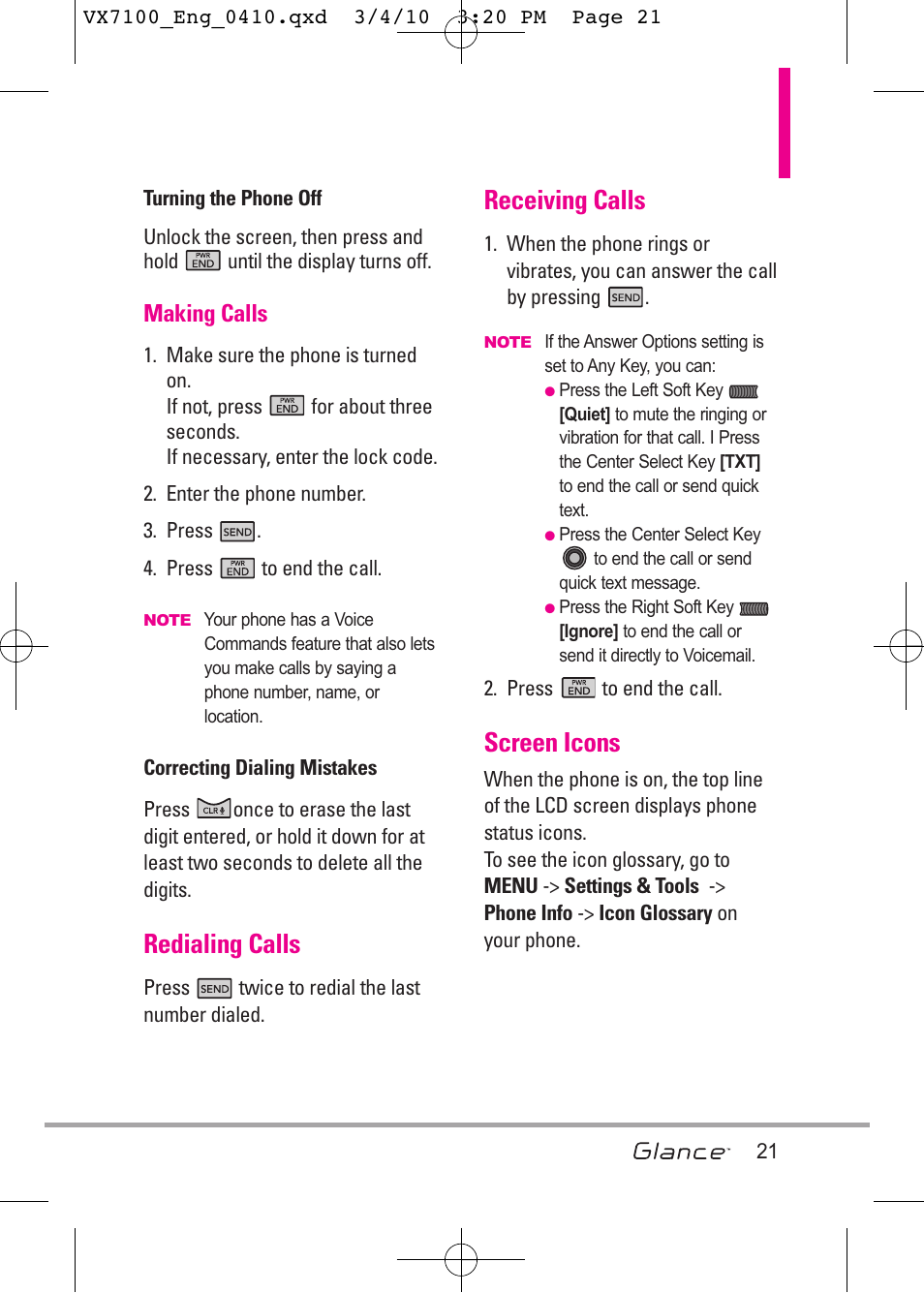 Redialing calls, Receiving calls, Screen icons | LG LGVX7100 User Manual | Page 23 / 260