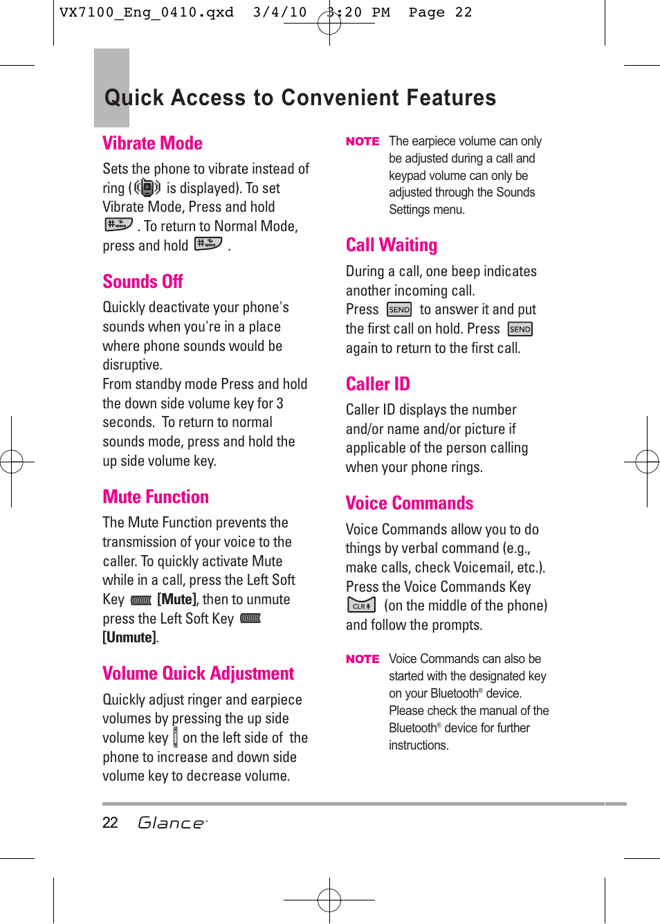 Quick access to convenient features, Vibrate mode, Sounds off | Mute function, Volume quick adjustment, Call waiting, Caller id, Voice commands | LG LGVX7100 User Manual | Page 24 / 260